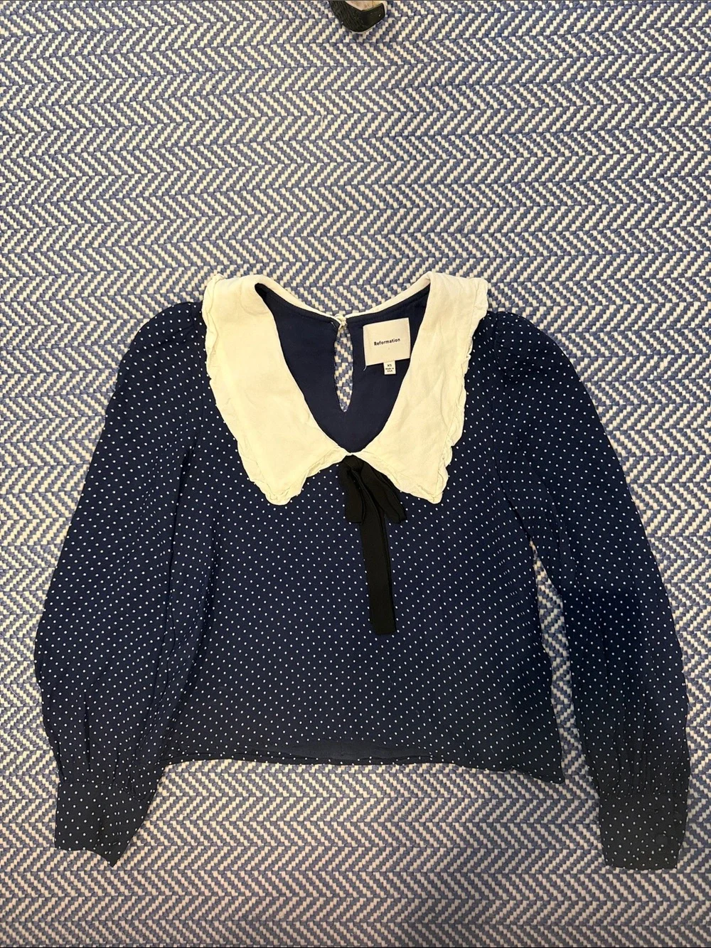 Reformation Navy Polka Dot Blouse with Cream Scalloped Collar